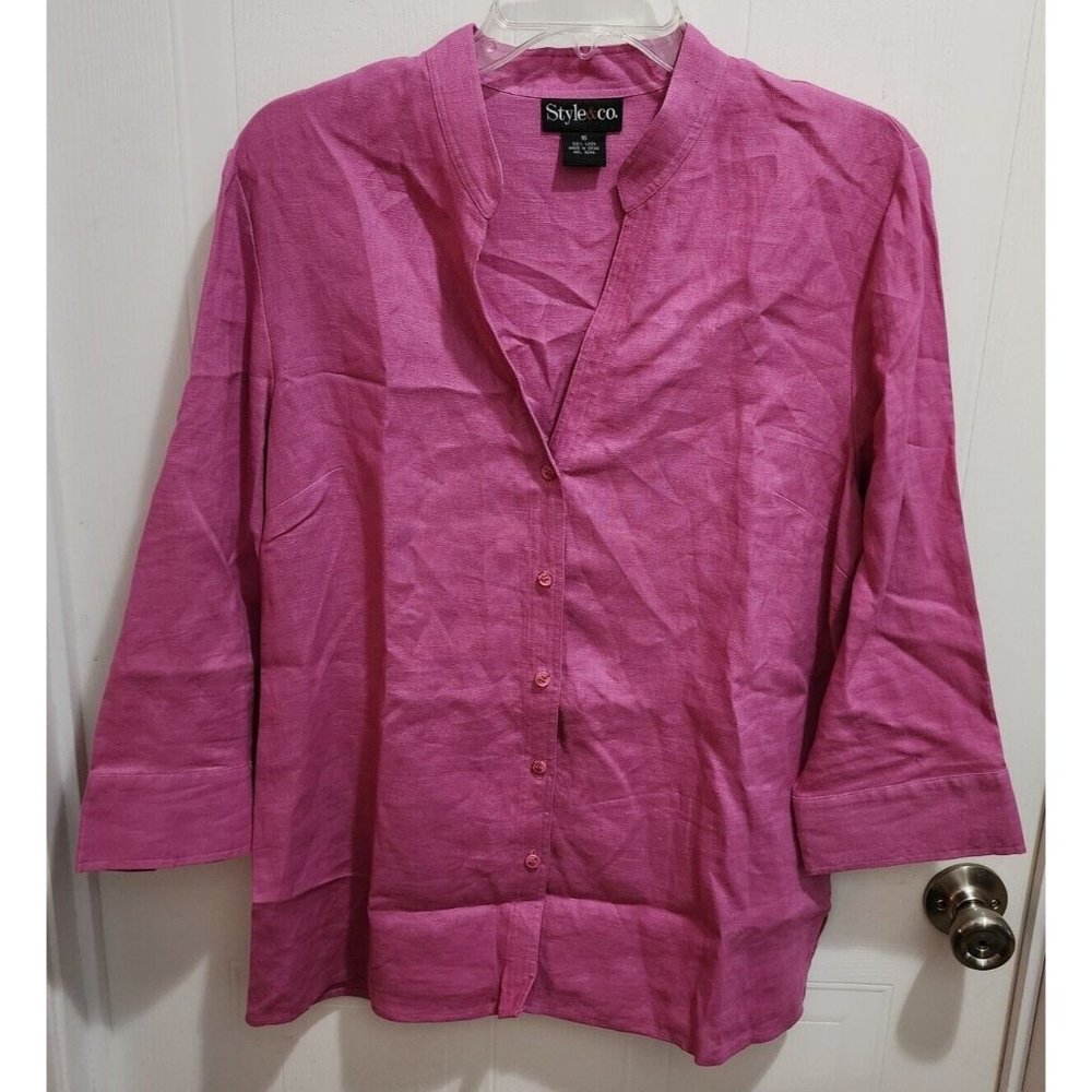 Style & Co Women's Long Sleeve Tunic Blouse‎ Top Button Up 100% Linen Pink Sz 16